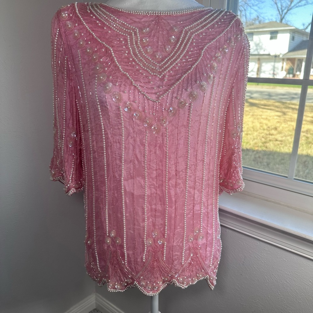 VTG Women's Silk Beaded Blouse Size Large